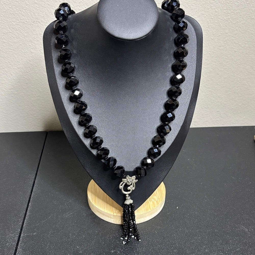 Vintage Faceted French Jet Black Glass Beaded Tassel Elegant Necklace​